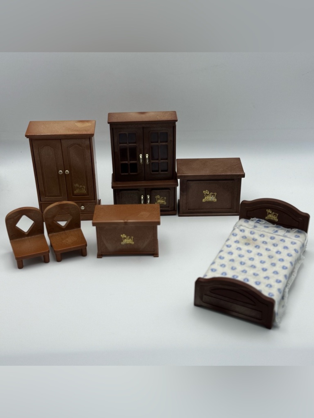 Vintage 1986 Bandai Dollhouse Furniture Set Wood Look Bedroom Living Room Lot